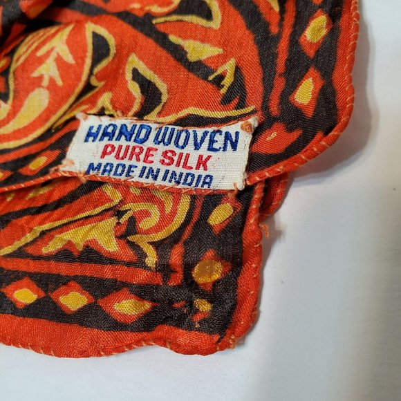 Vintage Silk Scarf, Indian Block Print Scarf, Hand Woven, India, Red Orange - Picture 5 of 5